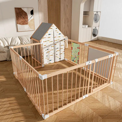 Natural Wood Playpen Play Yard With Door Panel And Built-in Toys
