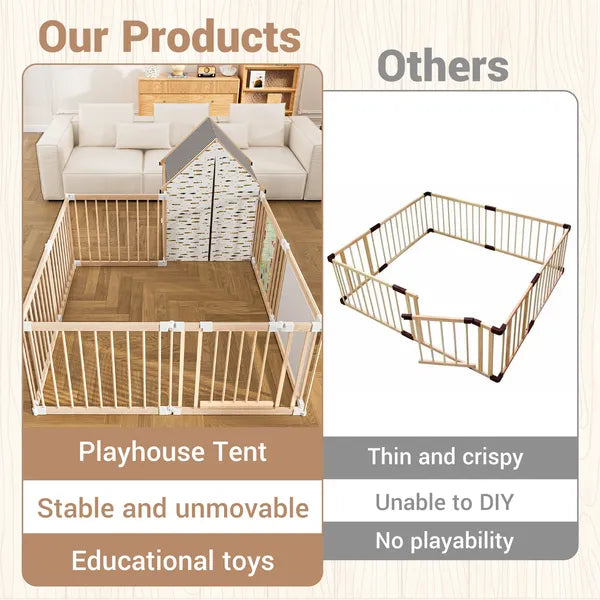 Natural Wood Playpen Play Yard With Door Panel And Built-in Toys