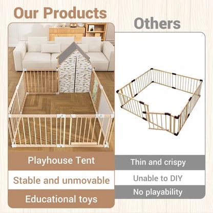 Natural Wood Playpen Play Yard With Door Panel And Built-in Toys