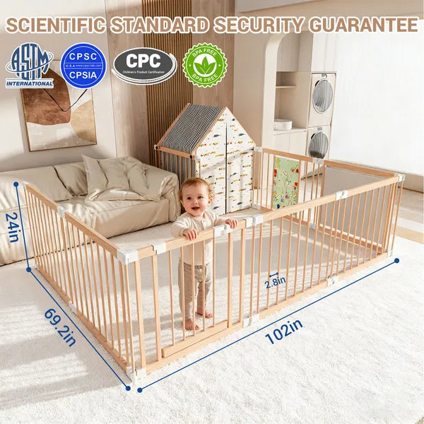 Natural Wood Playpen Play Yard With Door Panel And Built-in Toys