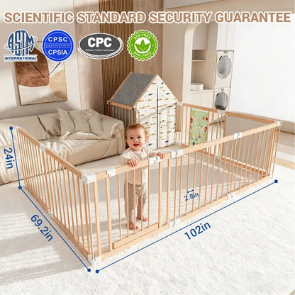 Natural Wood Playpen Play Yard With Door Panel And Built-in Toys