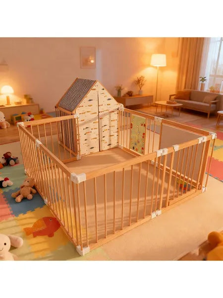 Natural Wood Playpen Play Yard With Door Panel And Built-in Toys