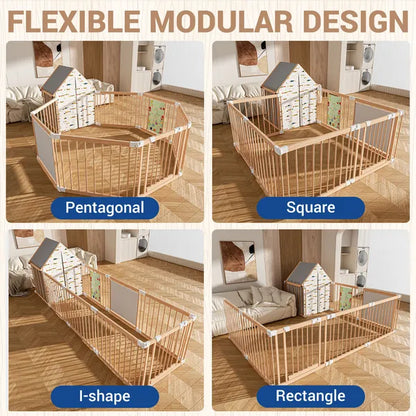 Natural Wood Playpen Play Yard With Door Panel And Built-in Toys